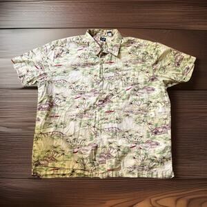Vintage Gap Shirt Mens XL Palm Trees Tiki Hut Canoe Hawaiian Camp Short Sleeve